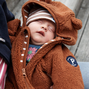 Fleece Teddy Bear Baby Pramsuit from the Polarn O. Pyret kidswear collection. Ethically produced outerwear.