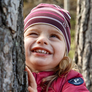 Striped Burgundy Kids Beanie Hat from the Polarn O. Pyret kidswear collection. The best ethical kids outerwear.