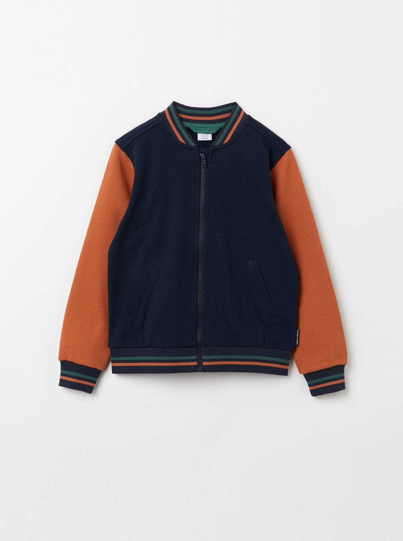 Organic Cotton Navy Baseball Jacket from the Polarn O. Pyret Kidswear collection. Nordic kids clothes made from sustainable sources.
