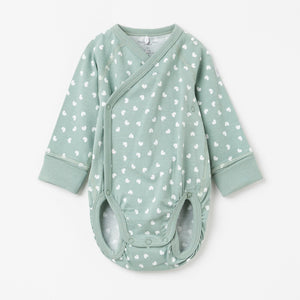 Heart Print Green Wraparound Babygrow from the Polarn O. Pyret Kidswear collection. Nordic kids clothes made from sustainable sources.
