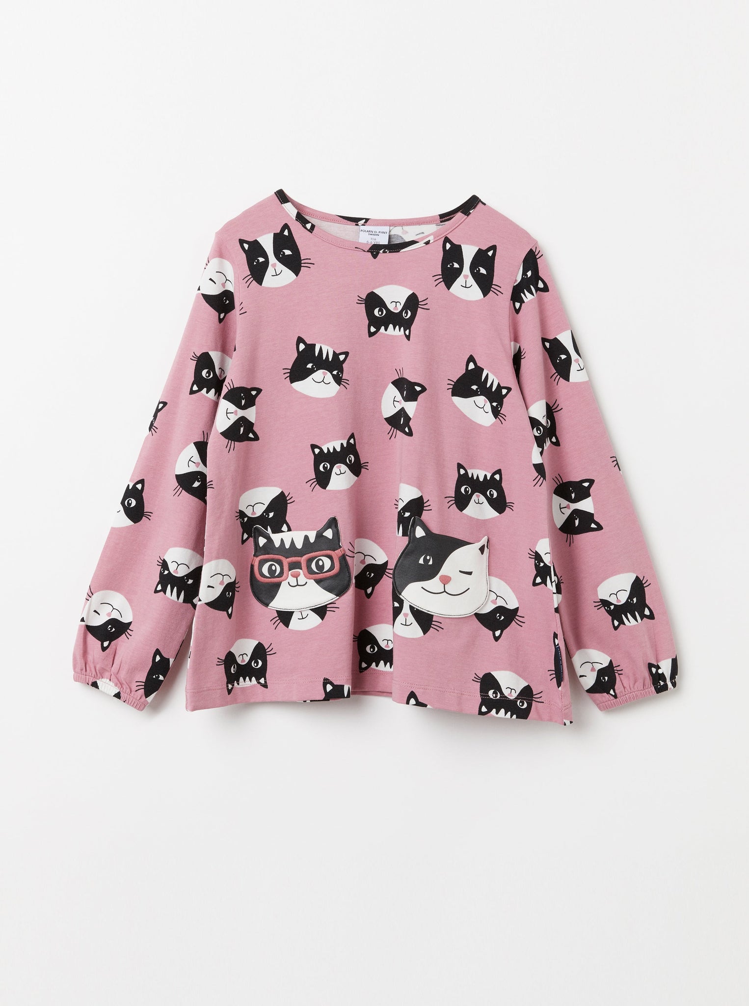 Organic Cotton Cat Print Girls Top from the Polarn O. Pyret Kidswear collection. Ethically produced kids clothing.