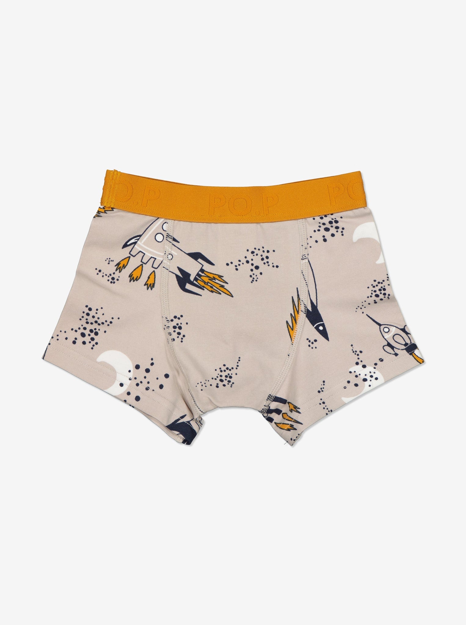 Beige Rocket Print Boys Boxer Shorts from the Polarn O. Pyret Kidswear collection. Nordic kids clothes made from sustainable sources.