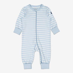 Striped Blue Newborn Baby Sleepsuit from Polarn O. Pyret Kidswear. Made using sustainable sourced materials.