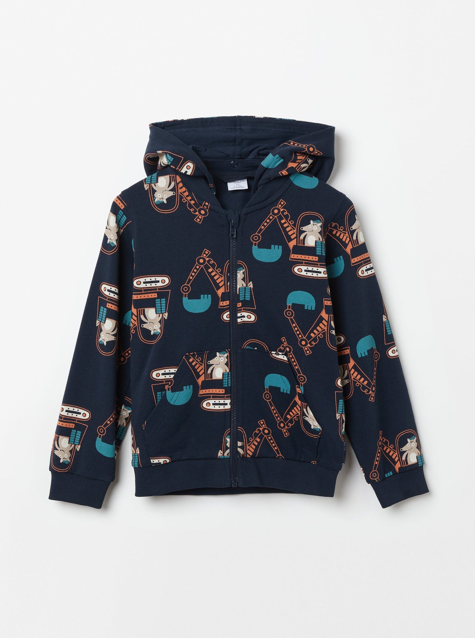 Digger Print Navy Kids Hoodie from the Polarn O. Pyret kidswear collection. Nordic kids clothes made from sustainable sources.