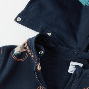 Digger Print Navy Kids Hoodie from the Polarn O. Pyret kidswear collection. Nordic kids clothes made from sustainable sources.