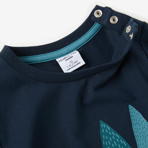 Navy Animal Print Kids Top from the Polarn O. Pyret kidswear collection. Nordic kids clothes made from sustainable sources.
