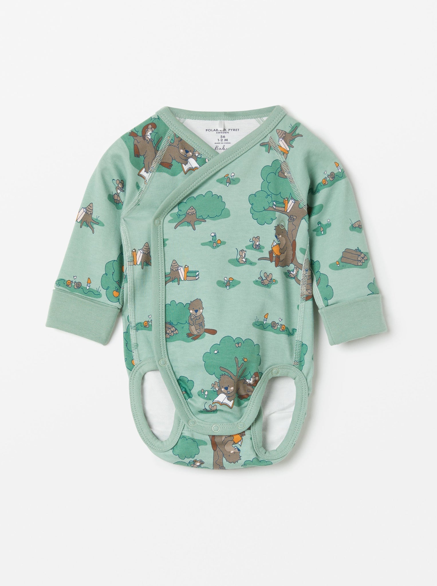 Green Cotton Wraparound Babygrow from the Polarn O. Pyret babywear collection. Nordic baby clothes made from sustainable sources.