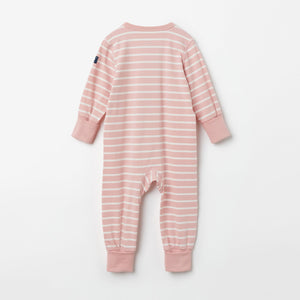 Striped Pink Newborn Baby Sleepsuit from the Polarn O. Pyret babywear collection. Clothes made using sustainably sourced materials.