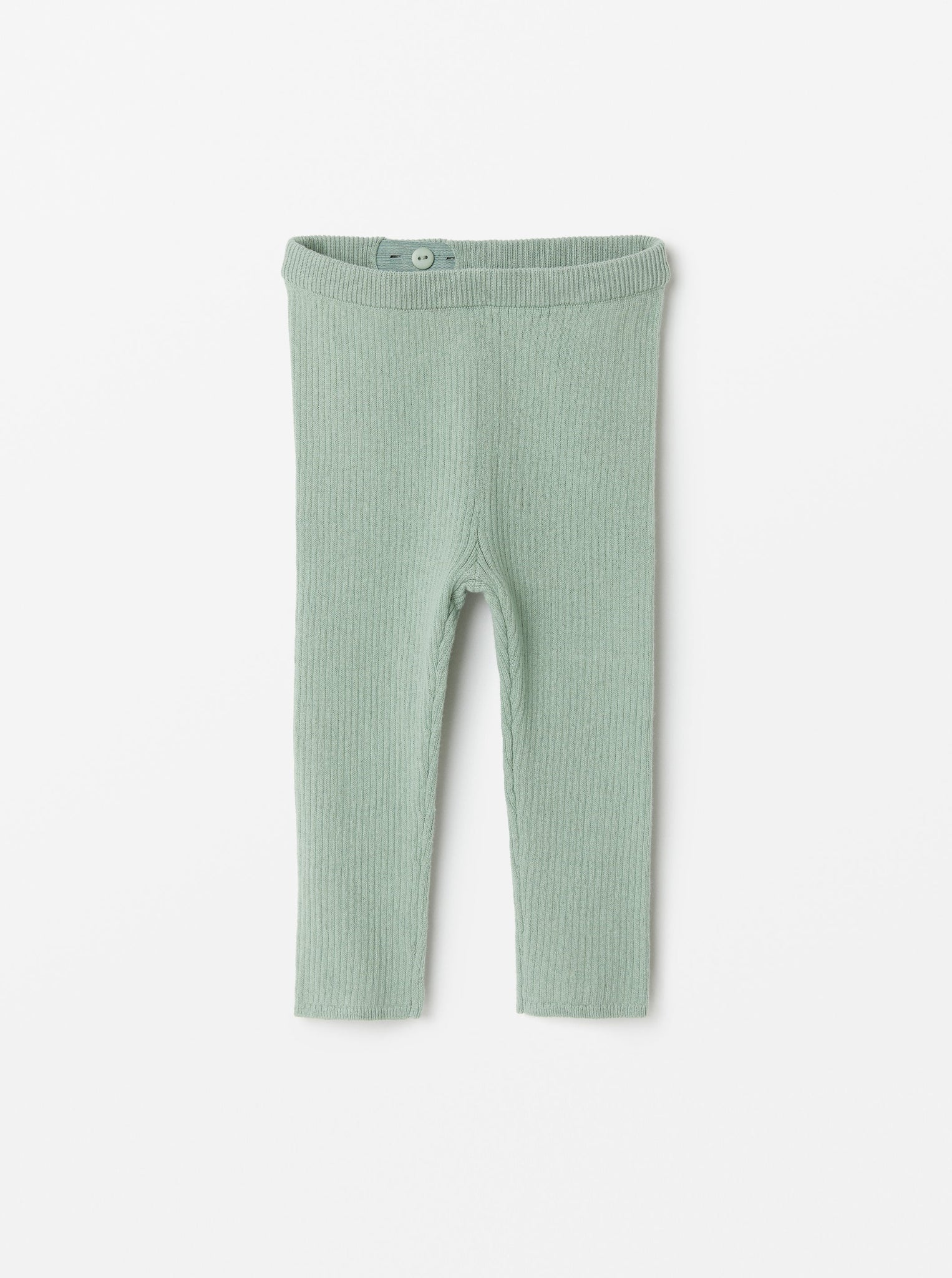 Ribbed Green Knitted Baby Trousers from the Polarn O. Pyret babywear collection. Clothes made using sustainably sourced materials.