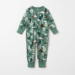 Nordic Print Green Baby Sleepsuit from the Polarn O. Pyret baby collection. Ethically produced baby clothing.