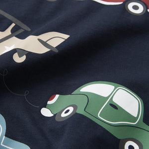 Navy Car Print Kids Top from the Polarn O. Pyret kidswear collection. Nordic kids clothes made from sustainable sources.