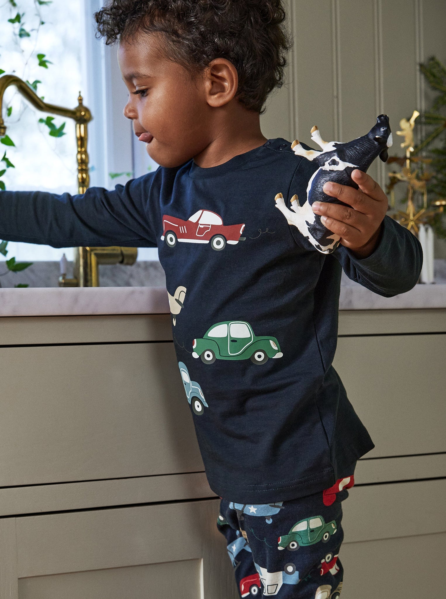 Navy Car Print Kids Top from the Polarn O. Pyret kidswear collection. Nordic kids clothes made from sustainable sources.