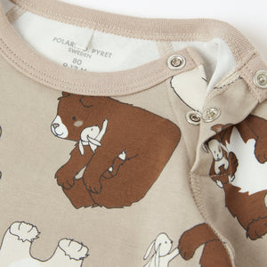 Beige Bear Print Babygrow from the Polarn O. Pyret baby collection. Clothes made using sustainably sourced materials.