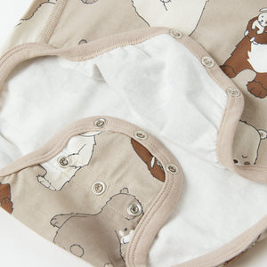 Beige Bear Print Babygrow from the Polarn O. Pyret baby collection. Clothes made using sustainably sourced materials.