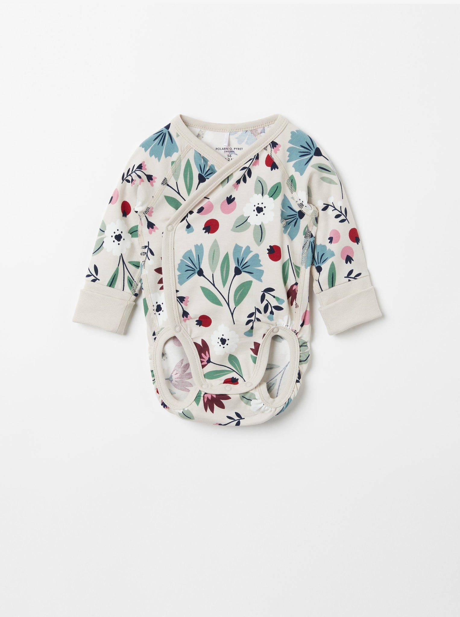 Floral Print Wraparound Babygrow from the Polarn O. Pyret baby collection. Nordic baby clothes made from sustainable sources.