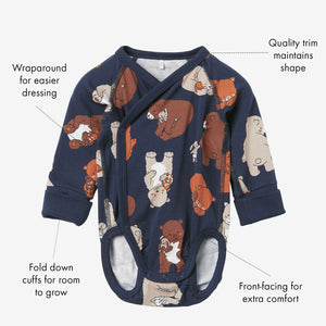 Sleepy Bear Print Wraparound Babygrow from the Polarn O. Pyret baby collection. The best ethical baby clothes