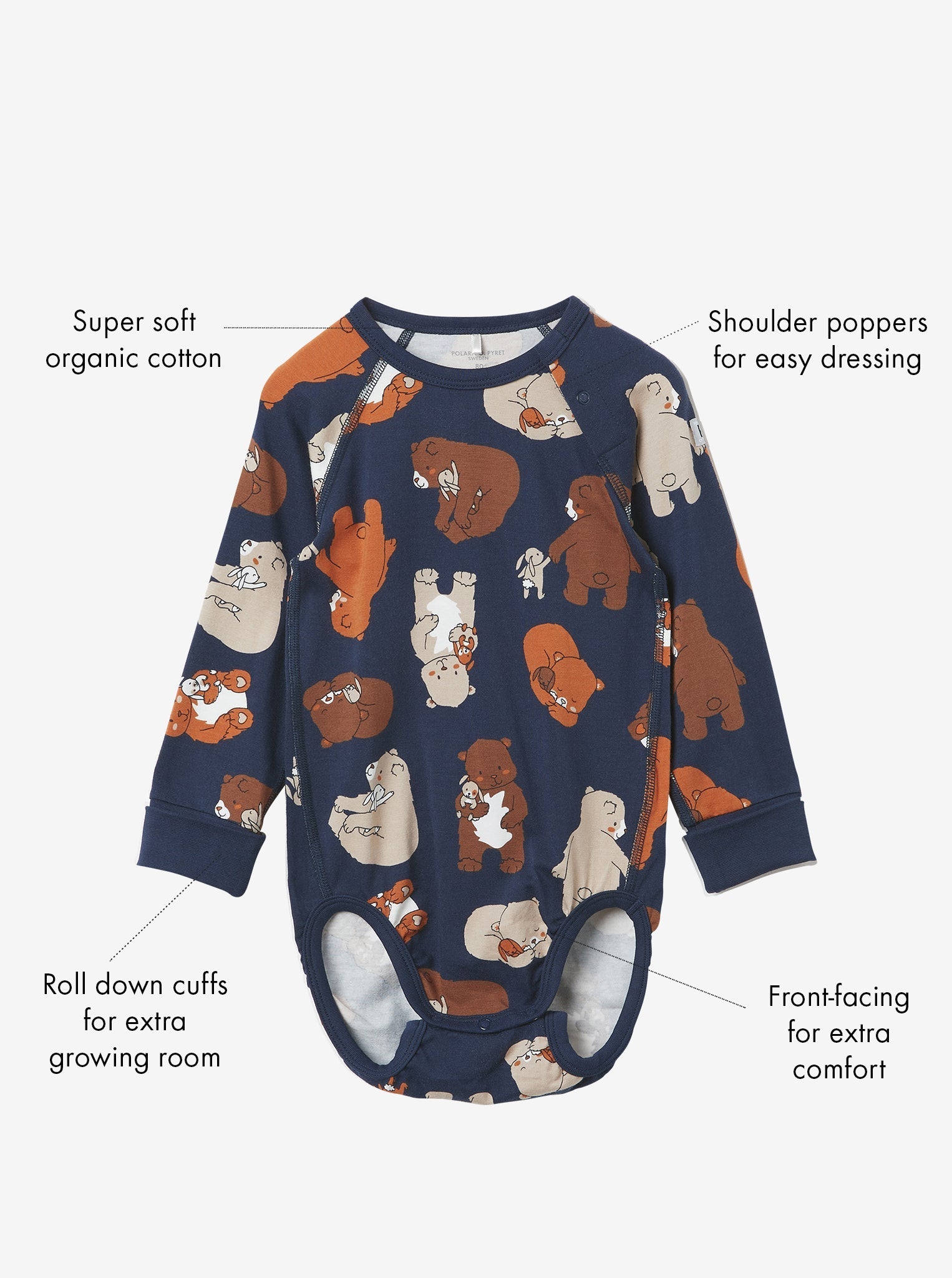 Sleepy Bear Print Babygrow from the Polarn O. Pyret baby collection. Ethically produced baby clothing.