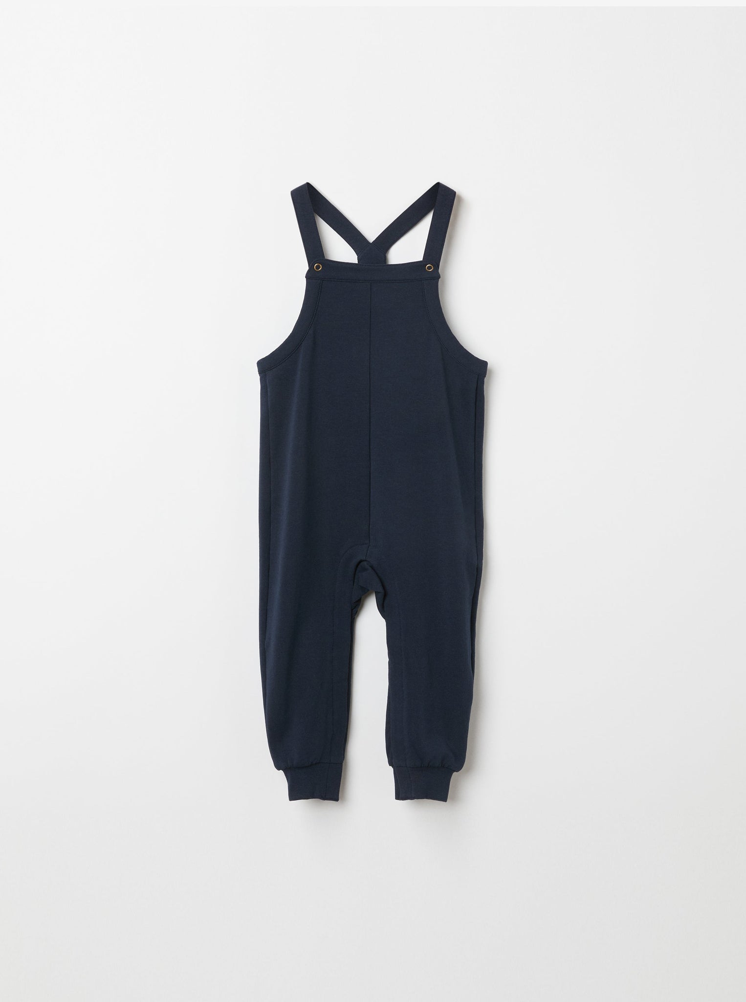 Organic Cotton Navy Baby Dungarees from the Polarn O. Pyret baby collection. Nordic baby clothes made from sustainable sources.