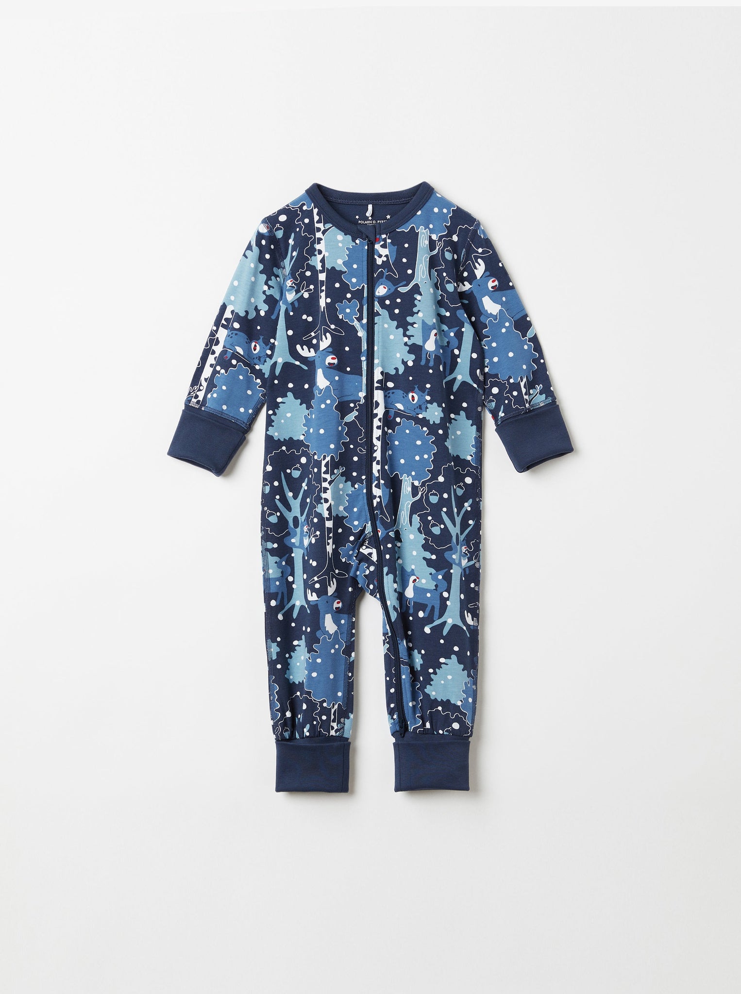Nordic Print Blue Baby Sleepsuit from the Polarn O. Pyret baby collection. Nordic baby clothes made from sustainable sources.