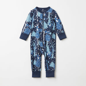 Nordic Print Blue Baby Sleepsuit from the Polarn O. Pyret baby collection. Nordic baby clothes made from sustainable sources.
