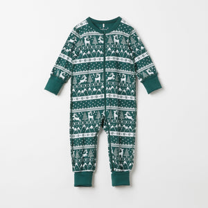 Green Christmas Print Baby Sleepsuit from the Polarn O. Pyret baby collection. Nordic baby clothes made from sustainable sources.