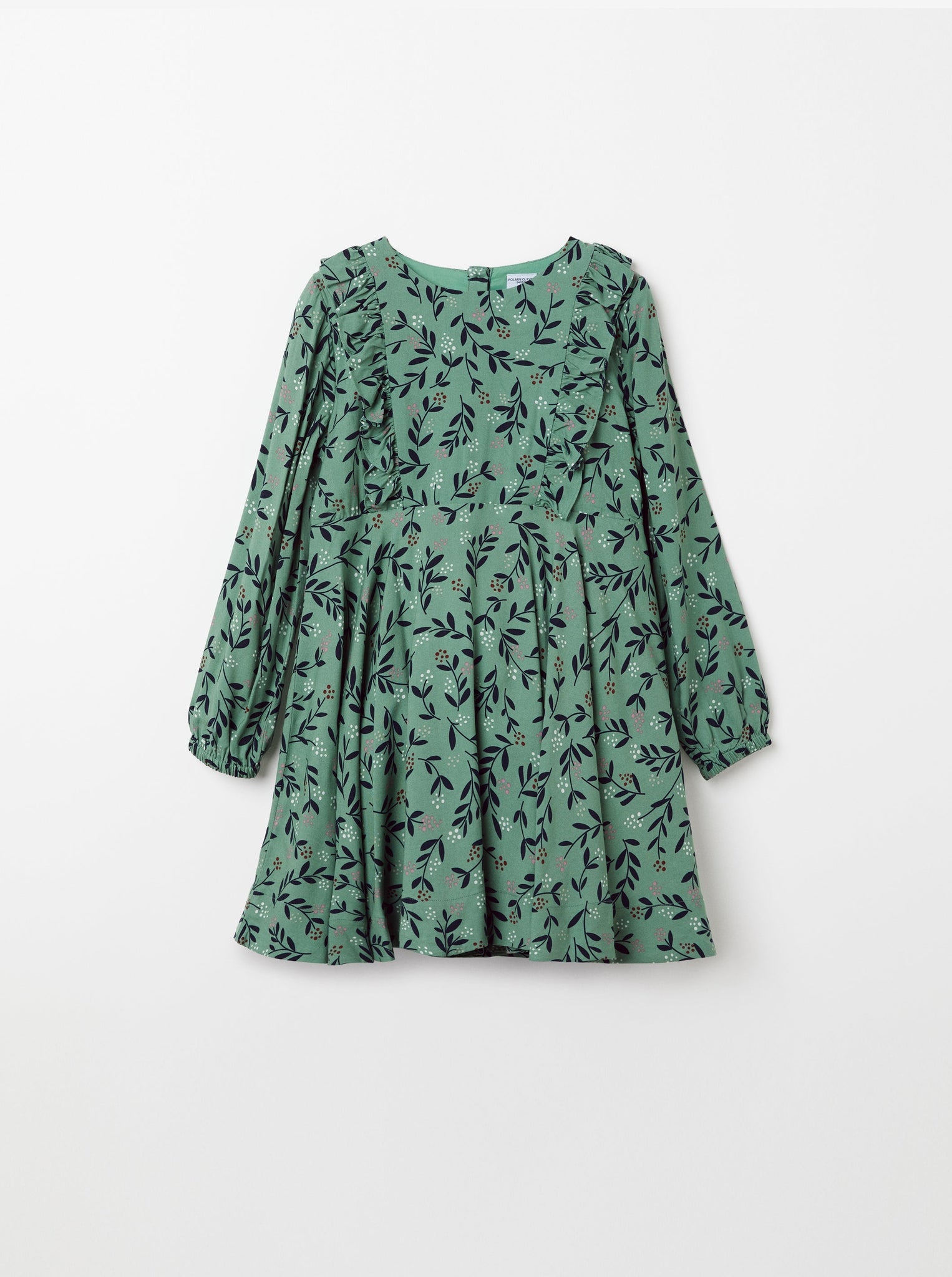 Leaf Print Green Kids Dress from the Polarn O. Pyret kidswear collection. Nordic kids clothes made from sustainable sources.