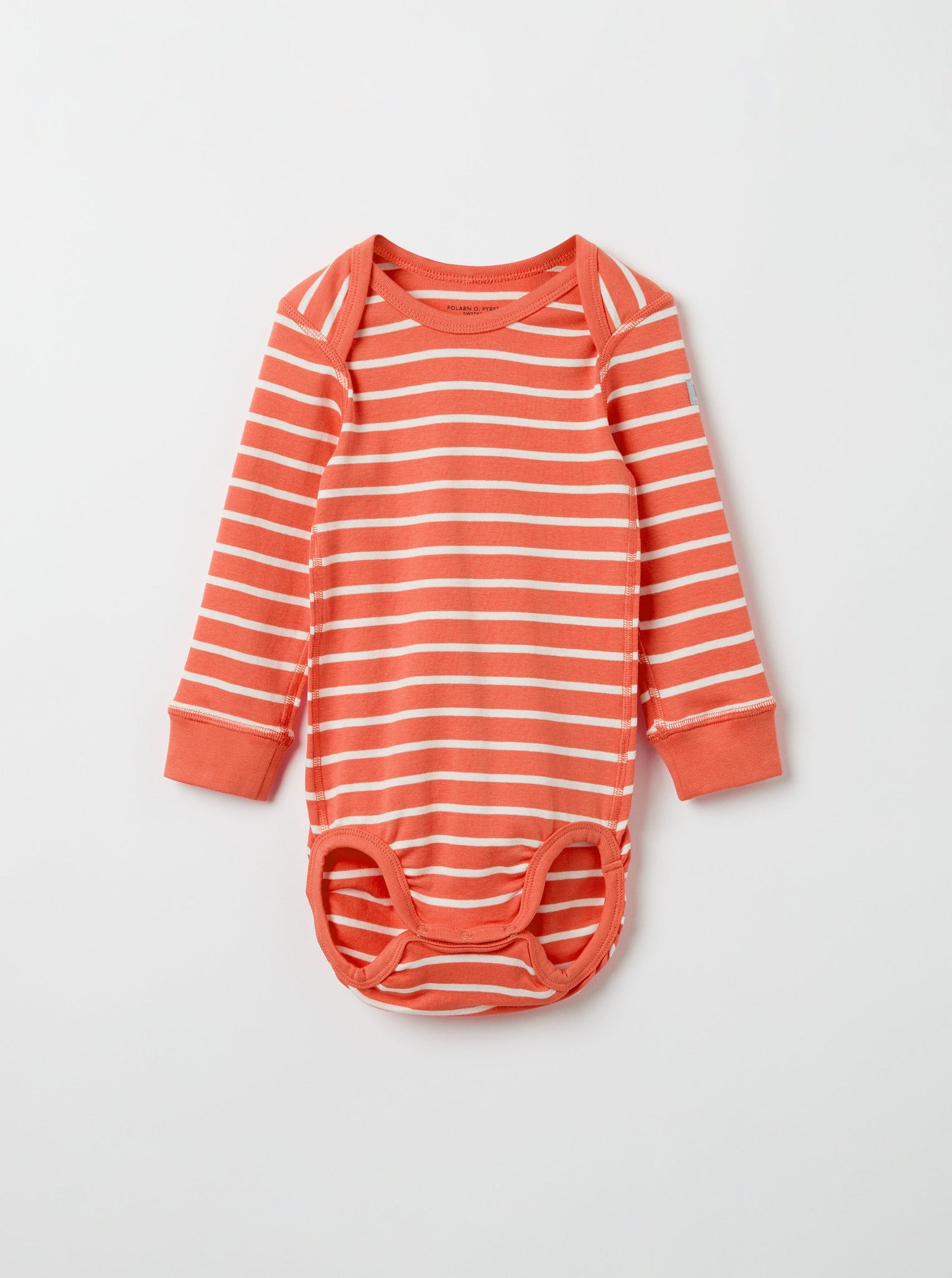 Striped Organic Cotton Orange Babygrow from the Polarn O. Pyret babywear collection. Nordic baby clothes made from sustainable sources.