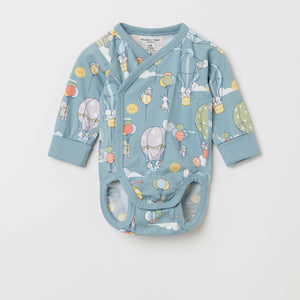 Balloon Print Blue Wraparound Babygrow from the Polarn O. Pyret babywear collection. Ethically produced baby clothes.