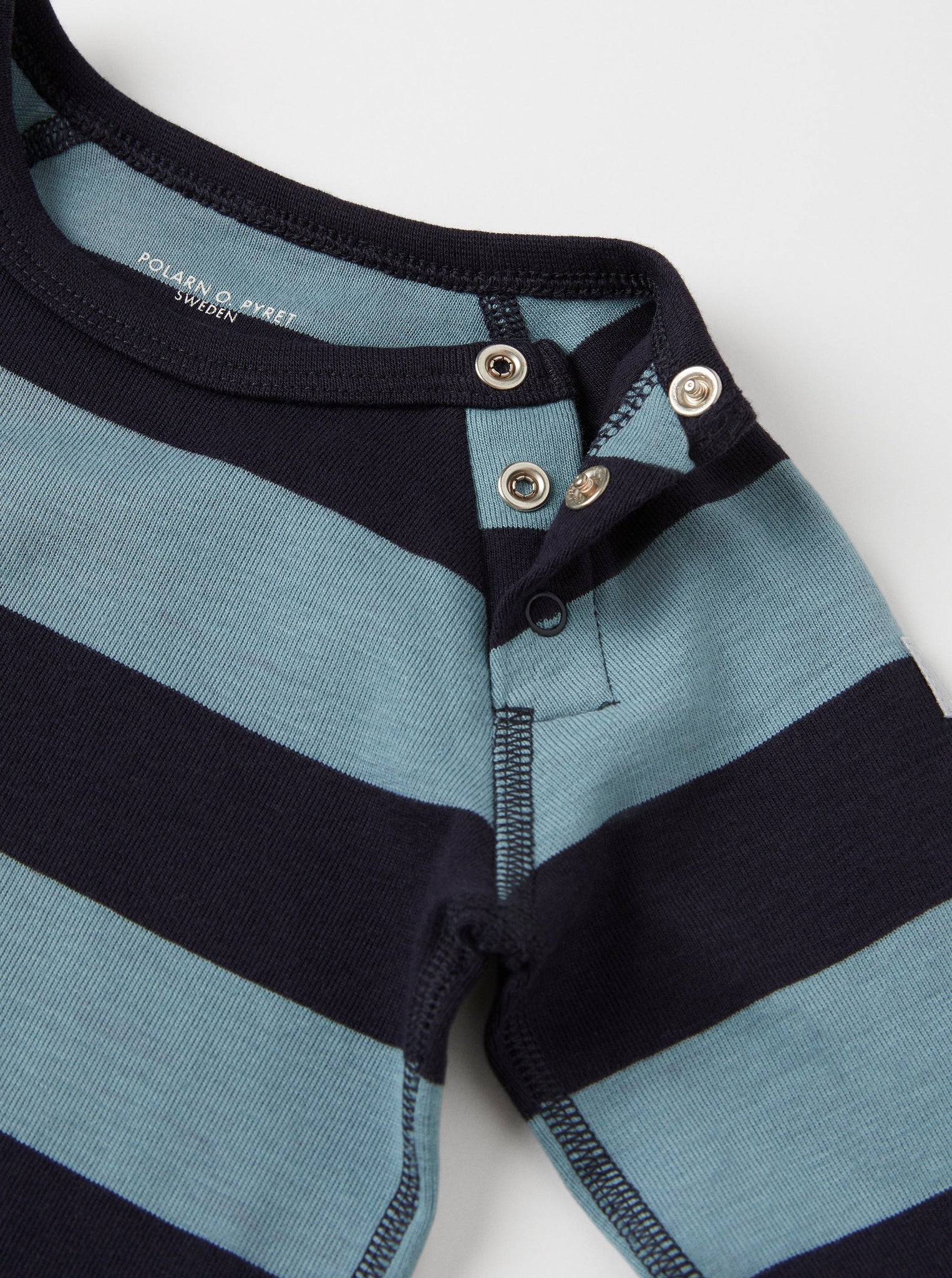 Organic Cotton Striped Blue Babygrow from the Polarn O. Pyret babywear collection. Nordic baby clothes made from sustainable sources.