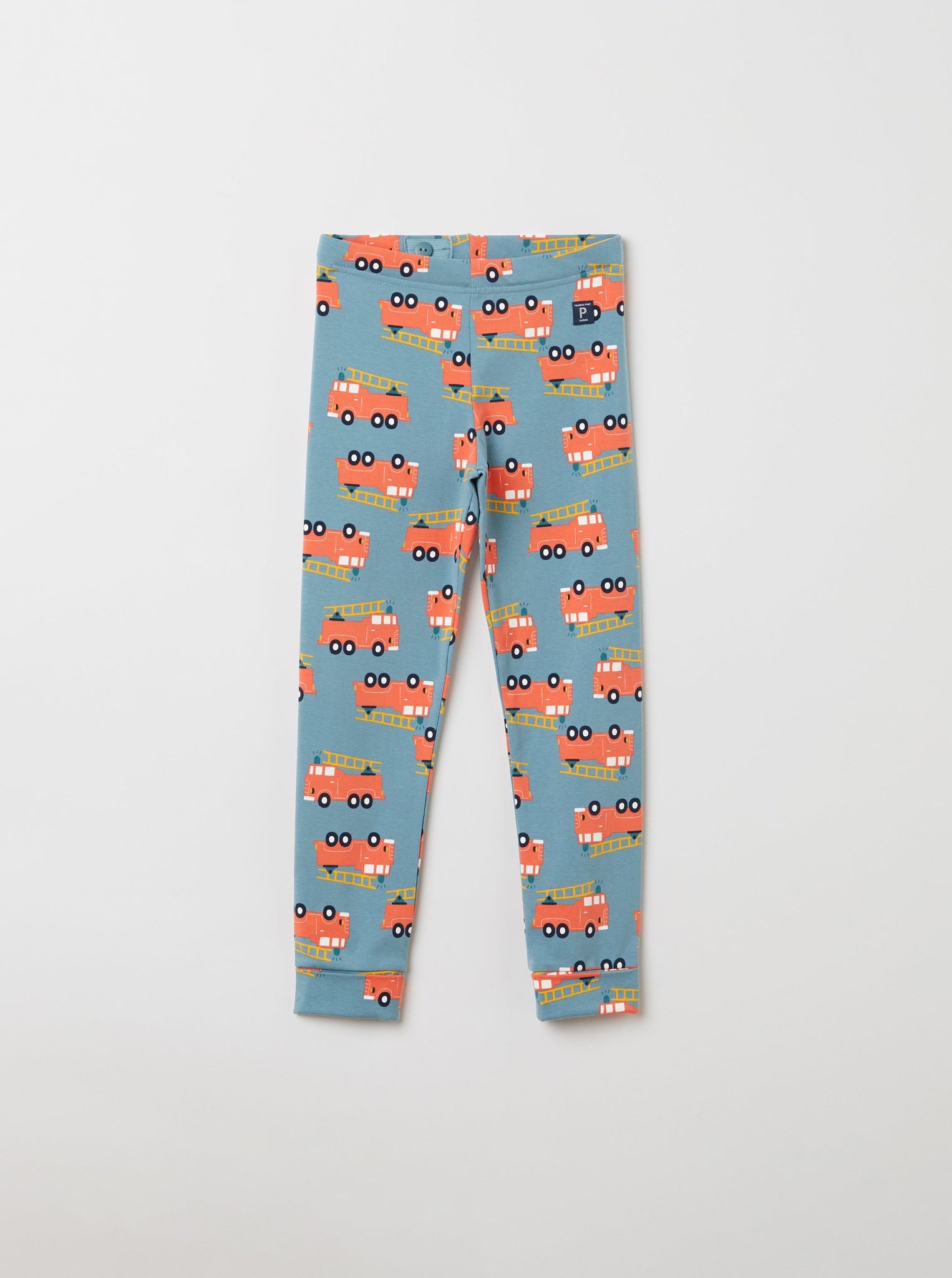 Fire Engine Print Blue Kids Joggers from the Polarn O. Pyret kidswear collection. Nordic kids clothes made from sustainable sources.