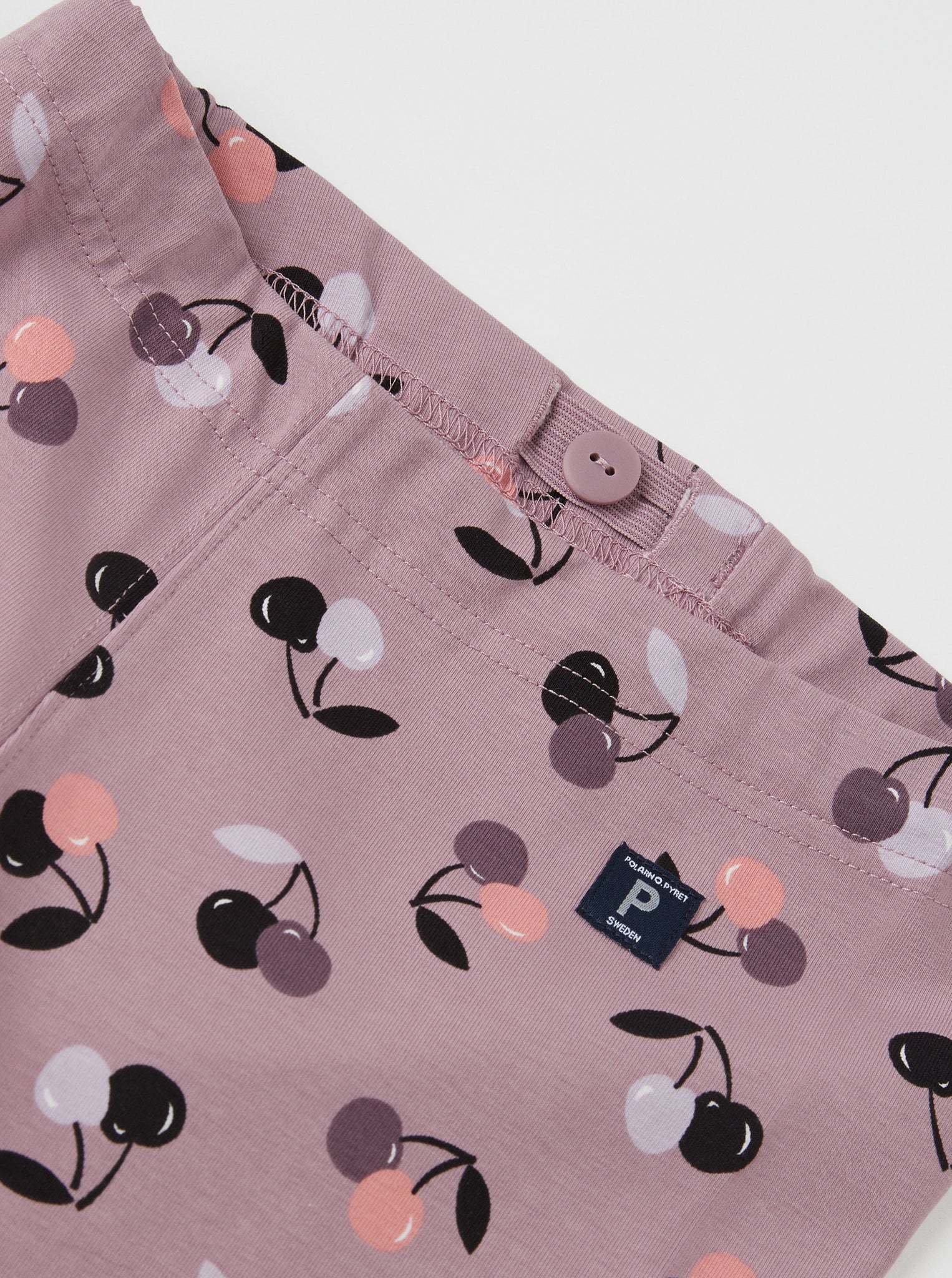Cherry Print Pink Kids Leggings from the Polarn O. Pyret kidswear collection. The best ethical kids clothes