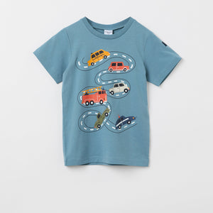 Organic Cotton Car Print Kids T-Shirt from the Polarn O. Pyret kidswear collection. Ethically produced kids clothing.