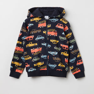 Organic Cotton Car Print Kids Hoodie from the Polarn O. Pyret kidswear collection. Clothes made using sustainably sourced materials.