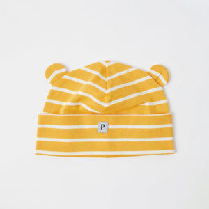 Organic Cotton Yellow Baby Beanie Hat from the Polarn O. Pyret babywear collection. Clothes made using sustainably sourced materials.
