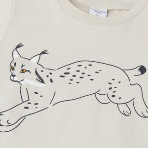 Lynx Print Beige Kids T-Shirt from the Polarn O. Pyret kidswear collection. Nordic kids clothes made from sustainable sources.