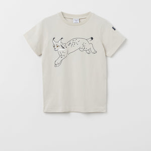 Lynx Print Beige Kids T-Shirt from the Polarn O. Pyret kidswear collection. Nordic kids clothes made from sustainable sources.
