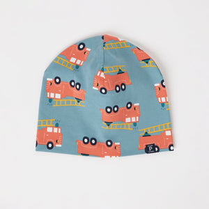 Organic Cotton Fire Engine Baby Beanie from the Polarn O. Pyret kidswear collection. Clothes made using sustainably sourced materials.
