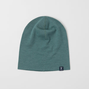 Merino Wool Green Kids Beanie Hat from the Polarn O. Pyret outerwear collection. Ethically produced kids outerwear.