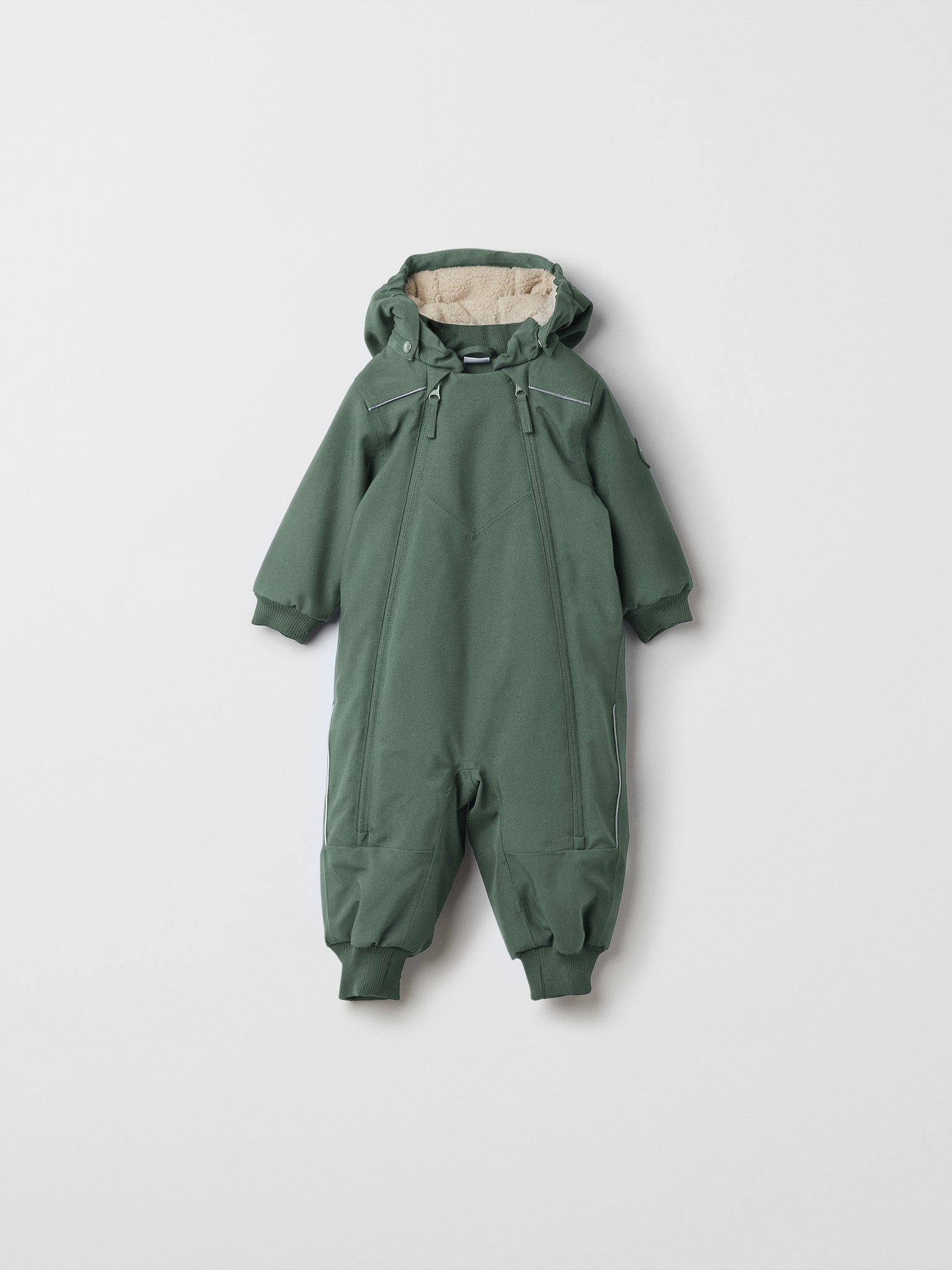 Green Padded Baby Pramsuit from the Polarn O. Pyret outerwear collection. The best ethical kids outerwear.