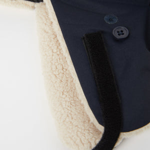 Navy Kids Fur Trim Hat from the Polarn O. Pyret outerwear collection. The best ethical kids outerwear.