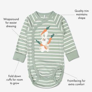 GOTS organic cotton long sleeve babygrow in unisex green and white stripes with text labels shown on the sides
