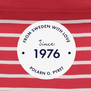 Red and white striped polarn o. pyret logo
