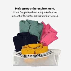 An eco-friendly Guppy Friend washbag used for kids waterproof fleece jacket in colours green, pink, navy, and yellow.