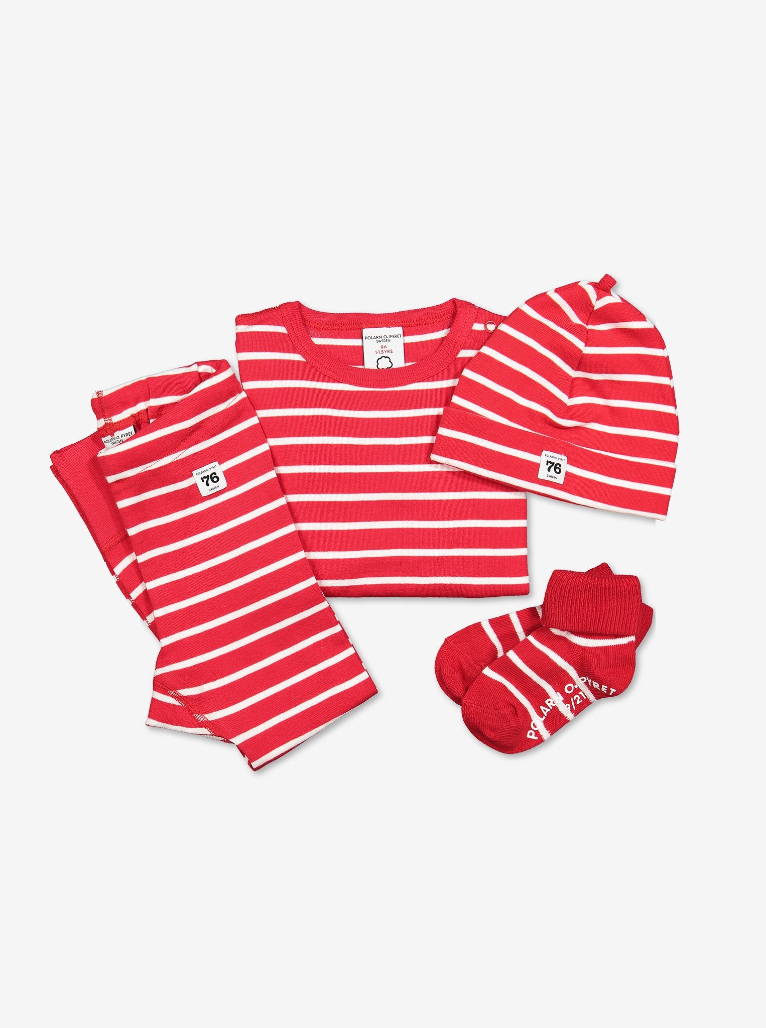 baby top, hat, socks, bottoms in red and white stripes, ethical quality organic cotton polarn o. pyret p