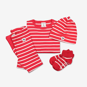newborn babygrow red stripes, ethical quality organic cotton, polarn o. pyret classic, top bottoms hat socks 