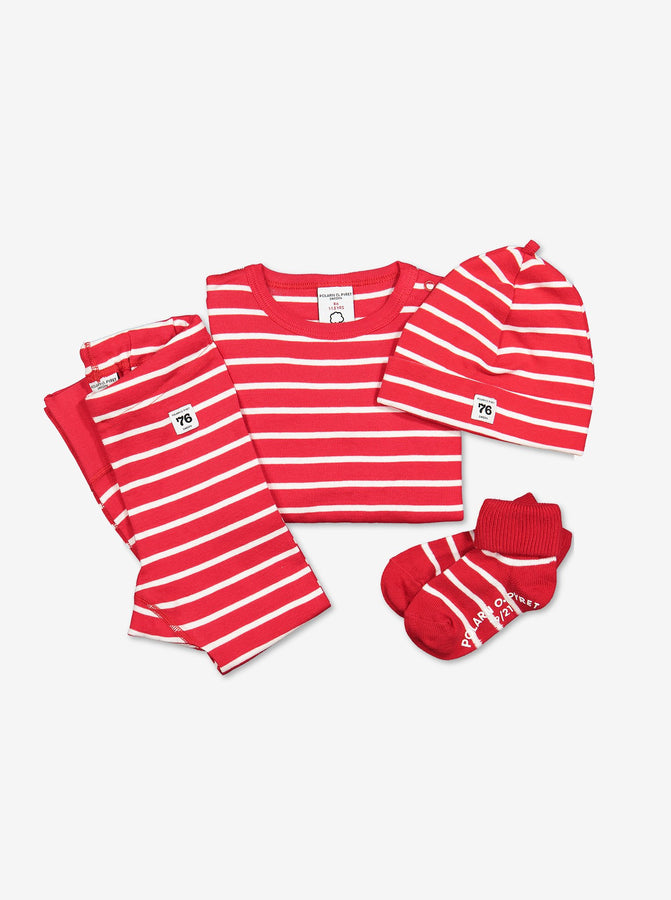 red and white stripes baby leggings, ethical organic cotton, long lasting polarn o. pyret quality including baby top , hat, leggings and socks