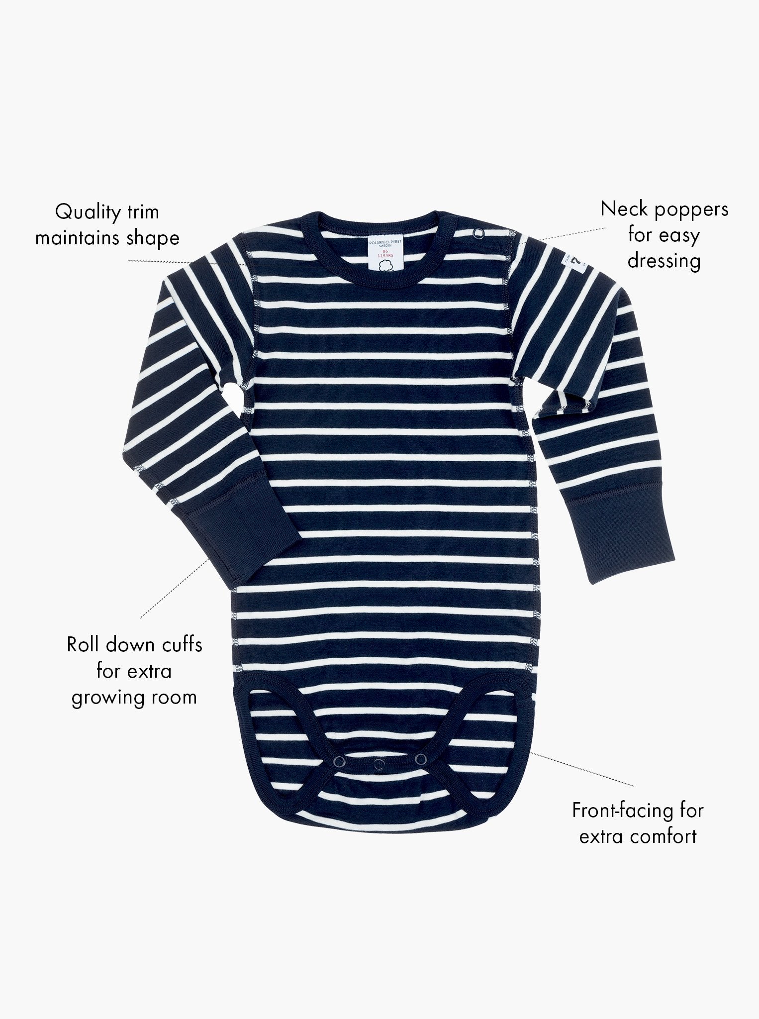 newborn babygrow navy stripes, ethical quality organic cotton, polarn o. pyret classic with features shown as text labels.