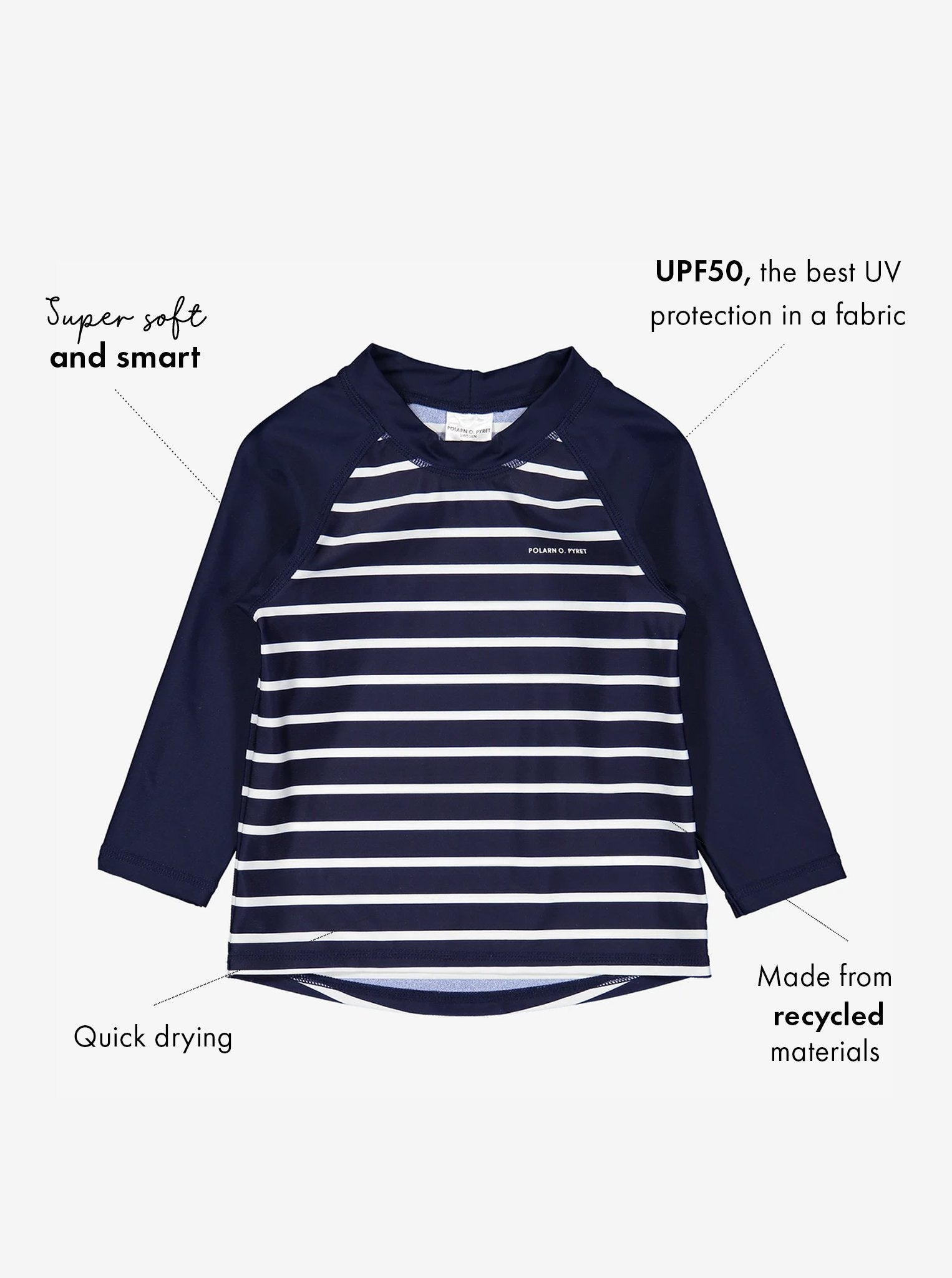 UPF 50 navy coloured kids rash guard with long sleeves. Made with soft, UV protected fabric that is gentle on boys & girls skin.