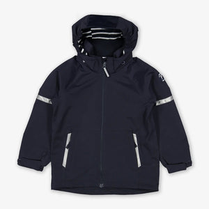 Kids waterproof jacket in navy, includes a detachable hood and adjustable cuffs, made of lightweight shell fabric. 