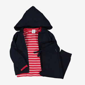 Navy Kids adjustable hoodie, sustainable organic cotton, durable and comfortable, polarn o. pyret quality